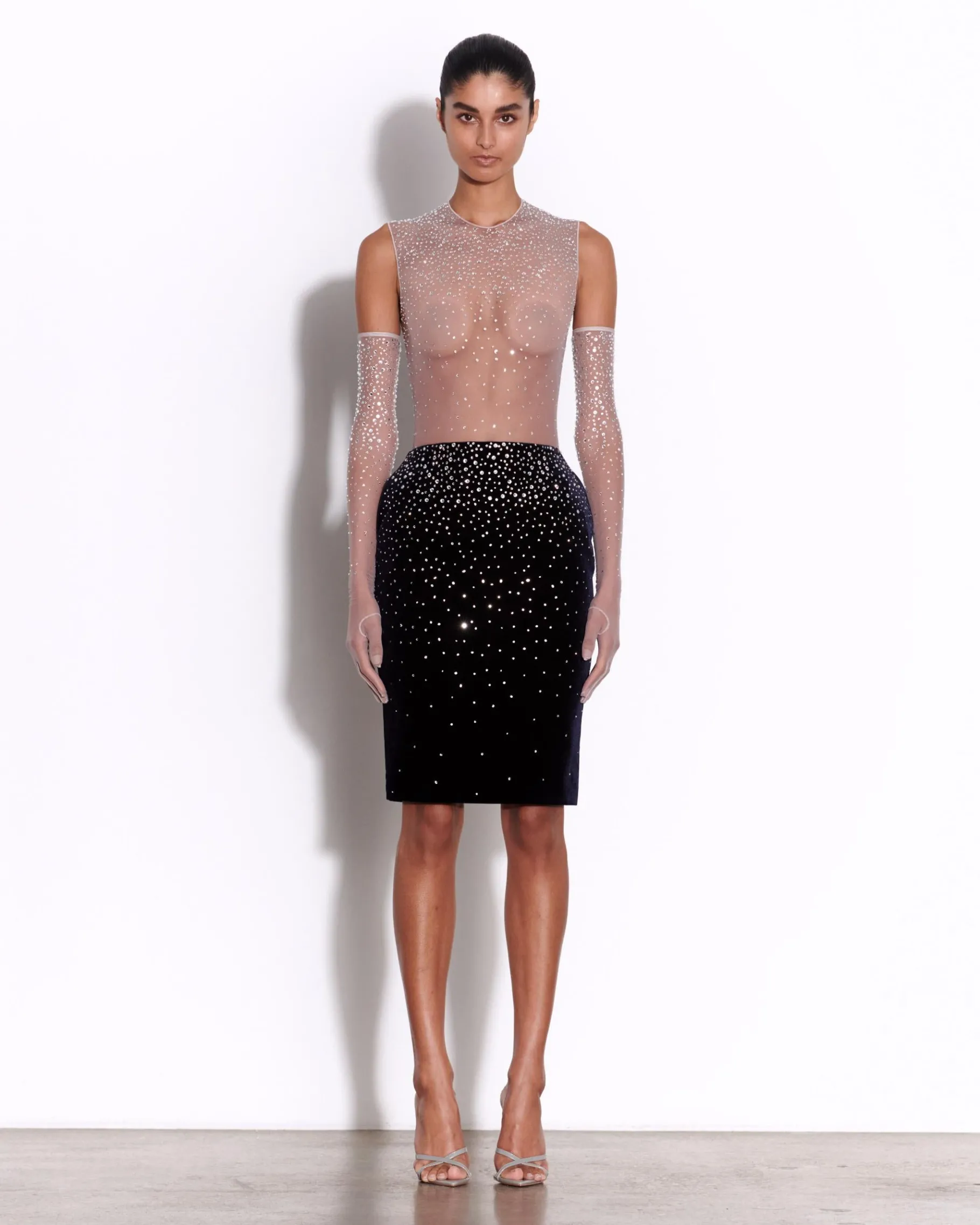 Alex Perry Crew Bodysuit in Crystal Mesh