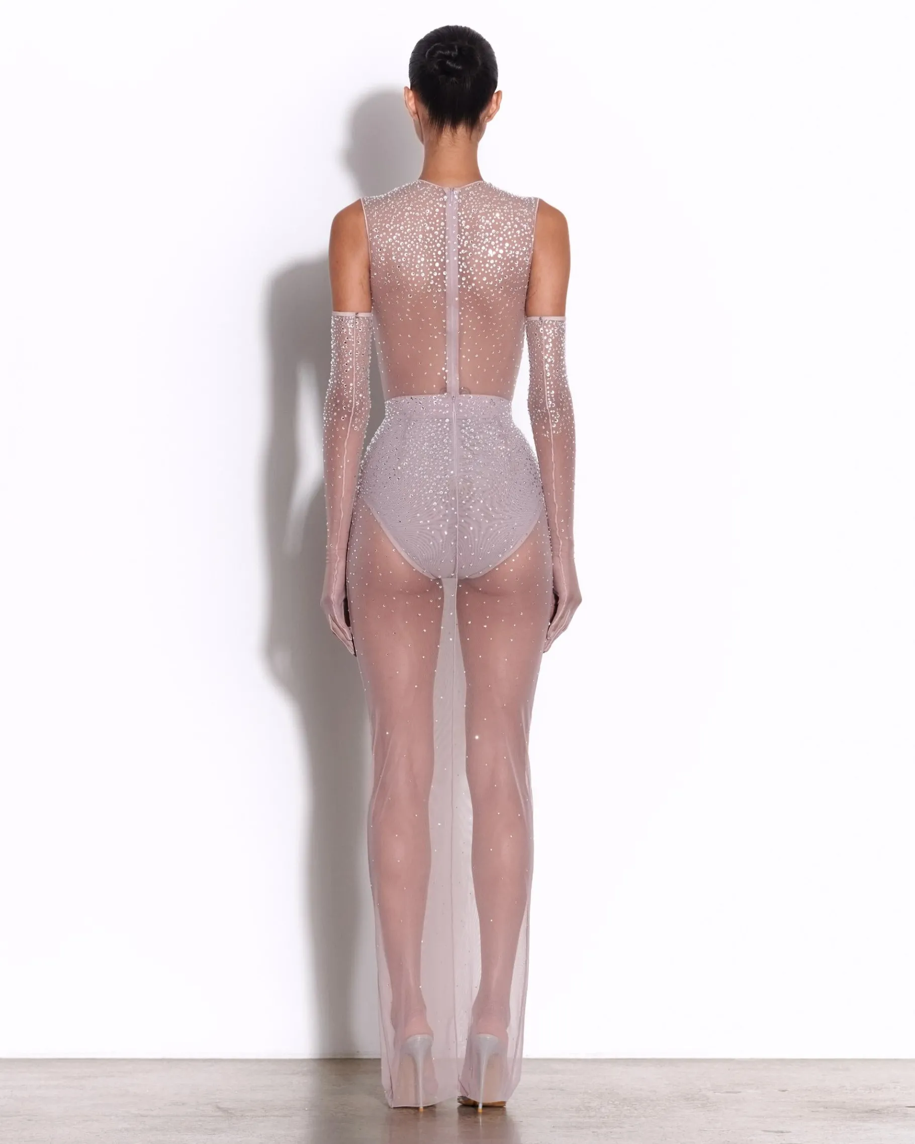 Alex Perry Crew Bodysuit in Crystal Mesh