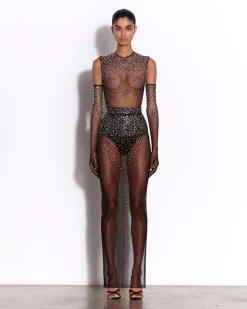 Alex Perry Crew Bodysuit in Crystal Mesh