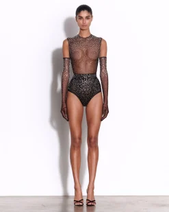 Alex Perry Crew Bodysuit in Crystal Mesh