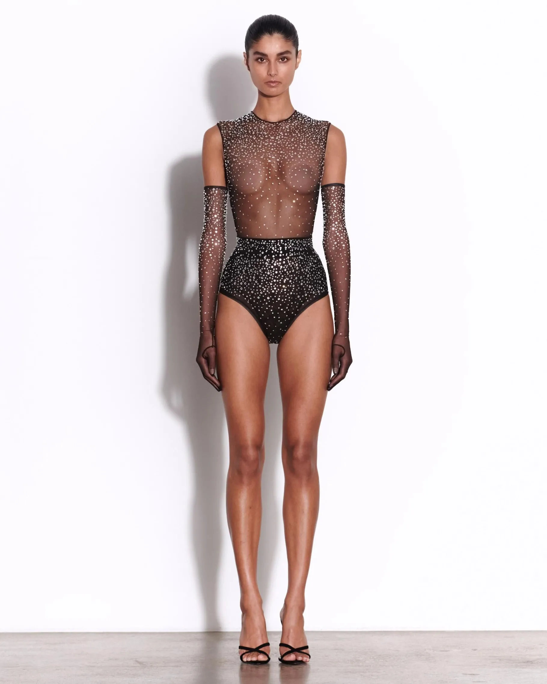 Alex Perry Crew Bodysuit in Crystal Mesh
