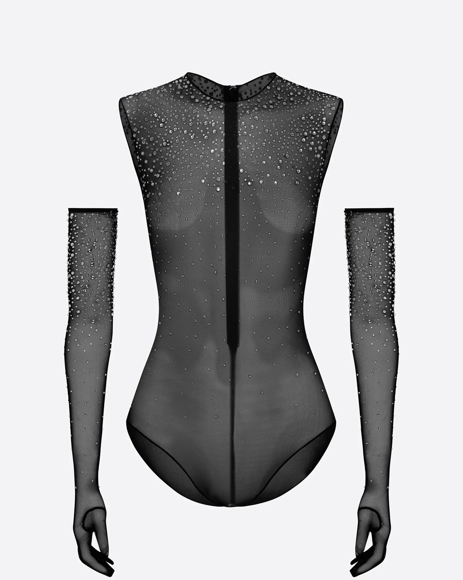 Alex Perry Crew Bodysuit in Crystal Mesh