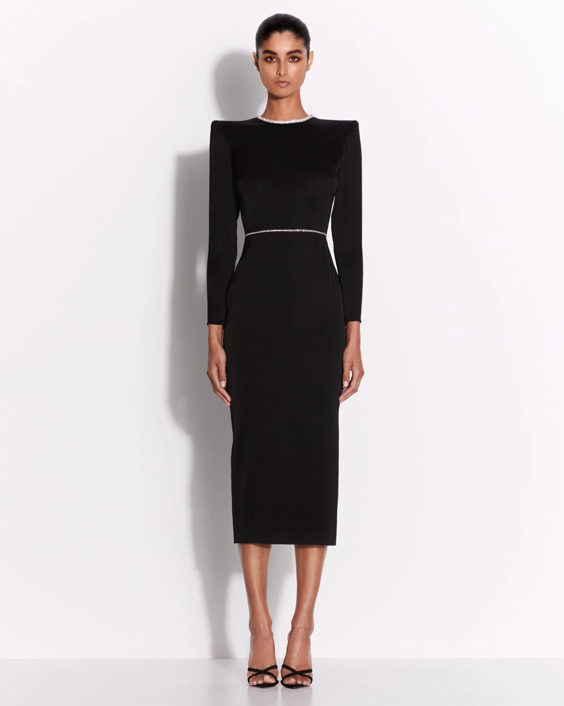 Alex Perry Crystal Trimmed Long Sleeve Dress in Satin