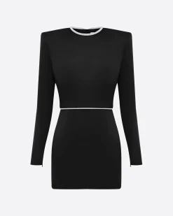Alex Perry Crystal Trimmed Long Sleeve Mini Dress in Satin