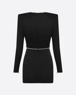 Alex Perry Crystal Trimmed Long Sleeve Mini Dress in Satin
