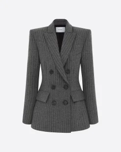Alex Perry Double Breasted Fitted Blazer in Wool Pinstripe