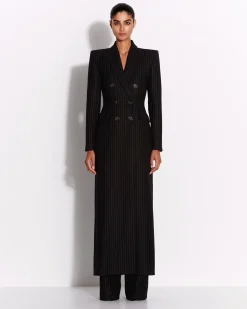 Alex Perry Double Breasted Fitted Coat in Wool Pinstripe