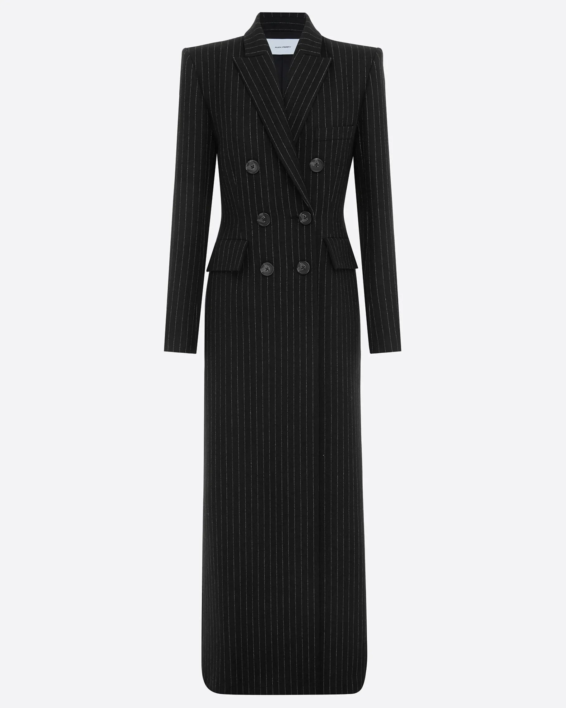 Alex Perry Double Breasted Fitted Coat in Wool Pinstripe