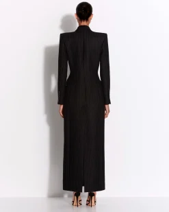 Alex Perry Double Breasted Fitted Coat in Wool Pinstripe