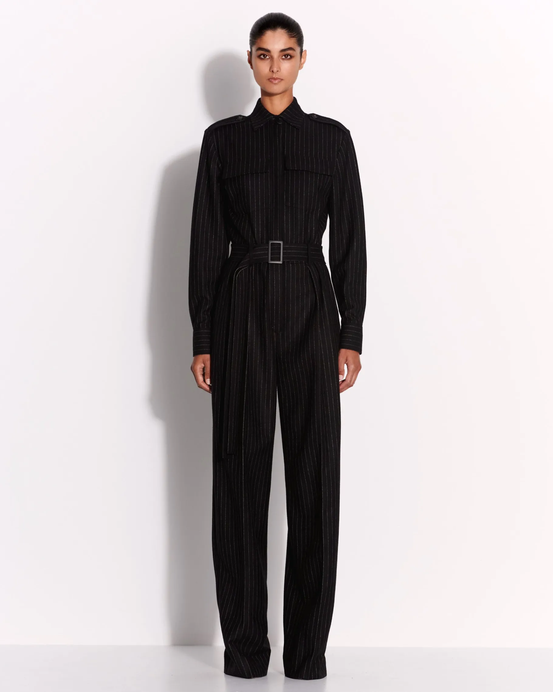 Alex Perry Long Sleeve Belted Jumpsuit in Wool Pinstripe
