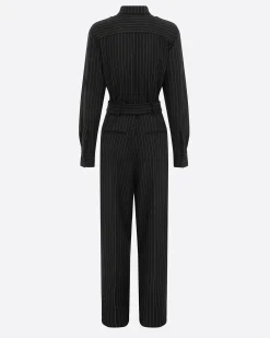 Alex Perry Long Sleeve Belted Jumpsuit in Wool Pinstripe