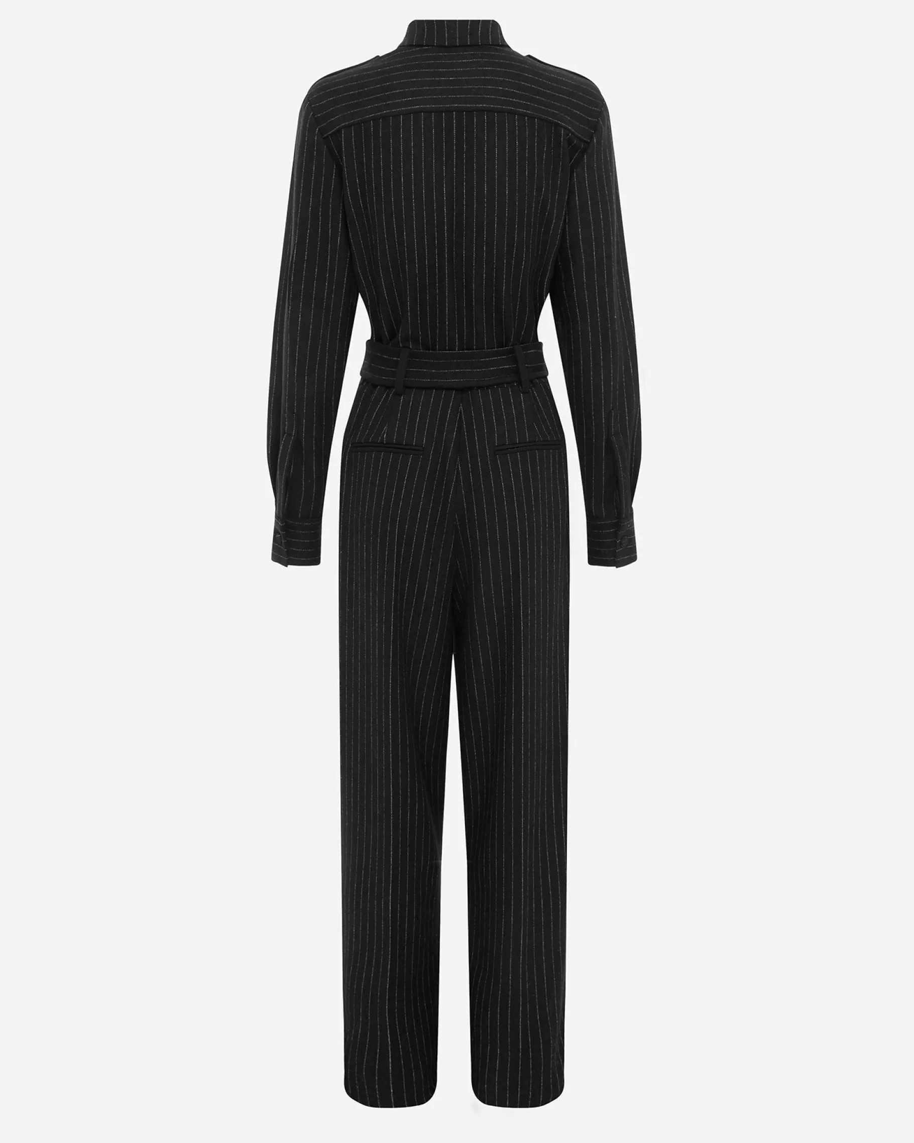 Alex Perry Long Sleeve Belted Jumpsuit in Wool Pinstripe