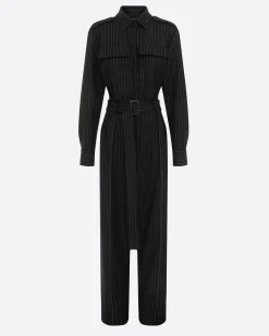 Alex Perry Long Sleeve Belted Jumpsuit in Wool Pinstripe