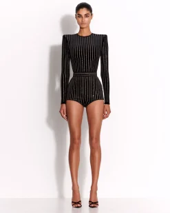 Alex Perry Long Sleeve Bodysuit in Crystal Velvet