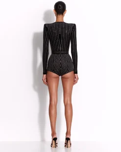 Alex Perry Long Sleeve Bodysuit in Crystal Velvet