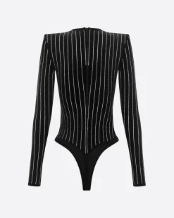 Alex Perry Long Sleeve Bodysuit in Crystal Velvet