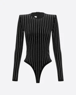 Alex Perry Long Sleeve Bodysuit in Crystal Velvet