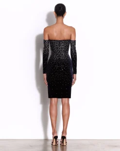 Alex Perry Long Sleeve Off Shoulder Dress in Crystal Velvet