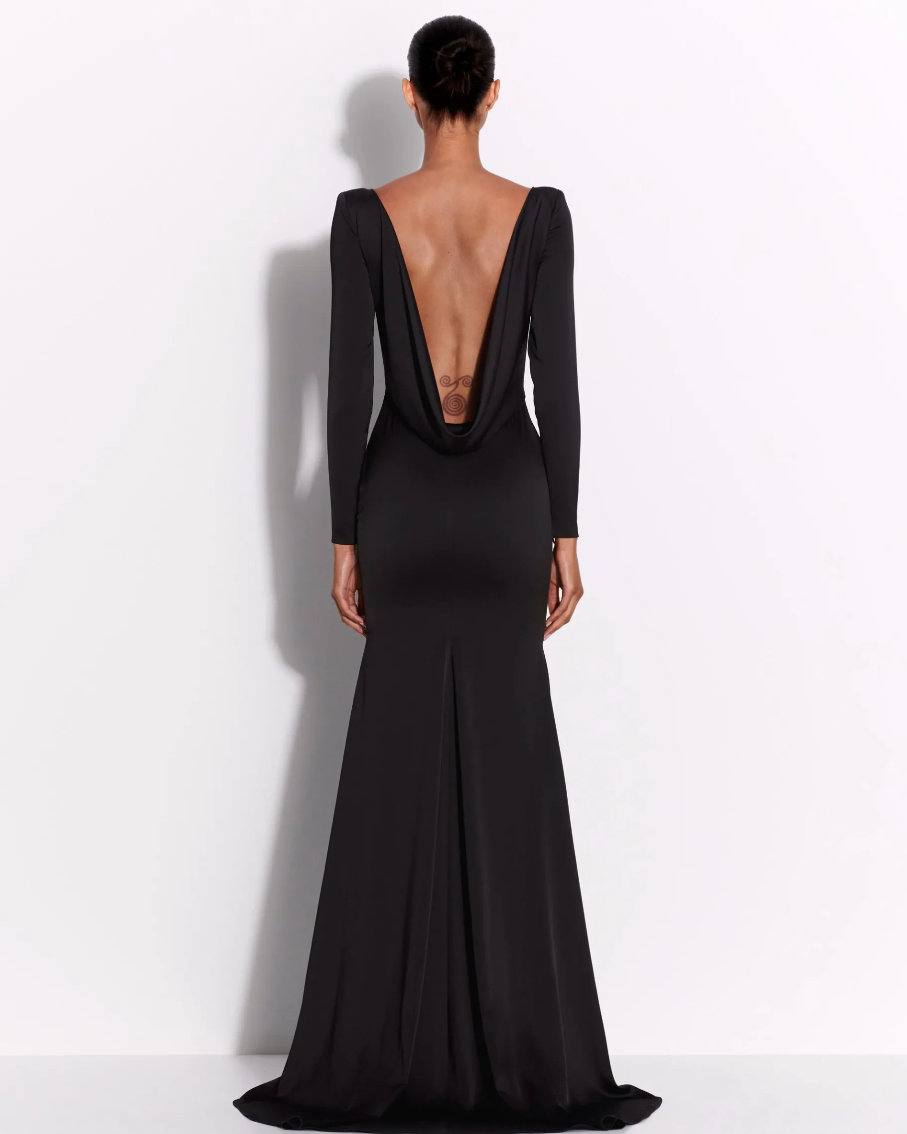 Alex Perry Long Sleeve Open Back Drape Gown in Satin Crepe