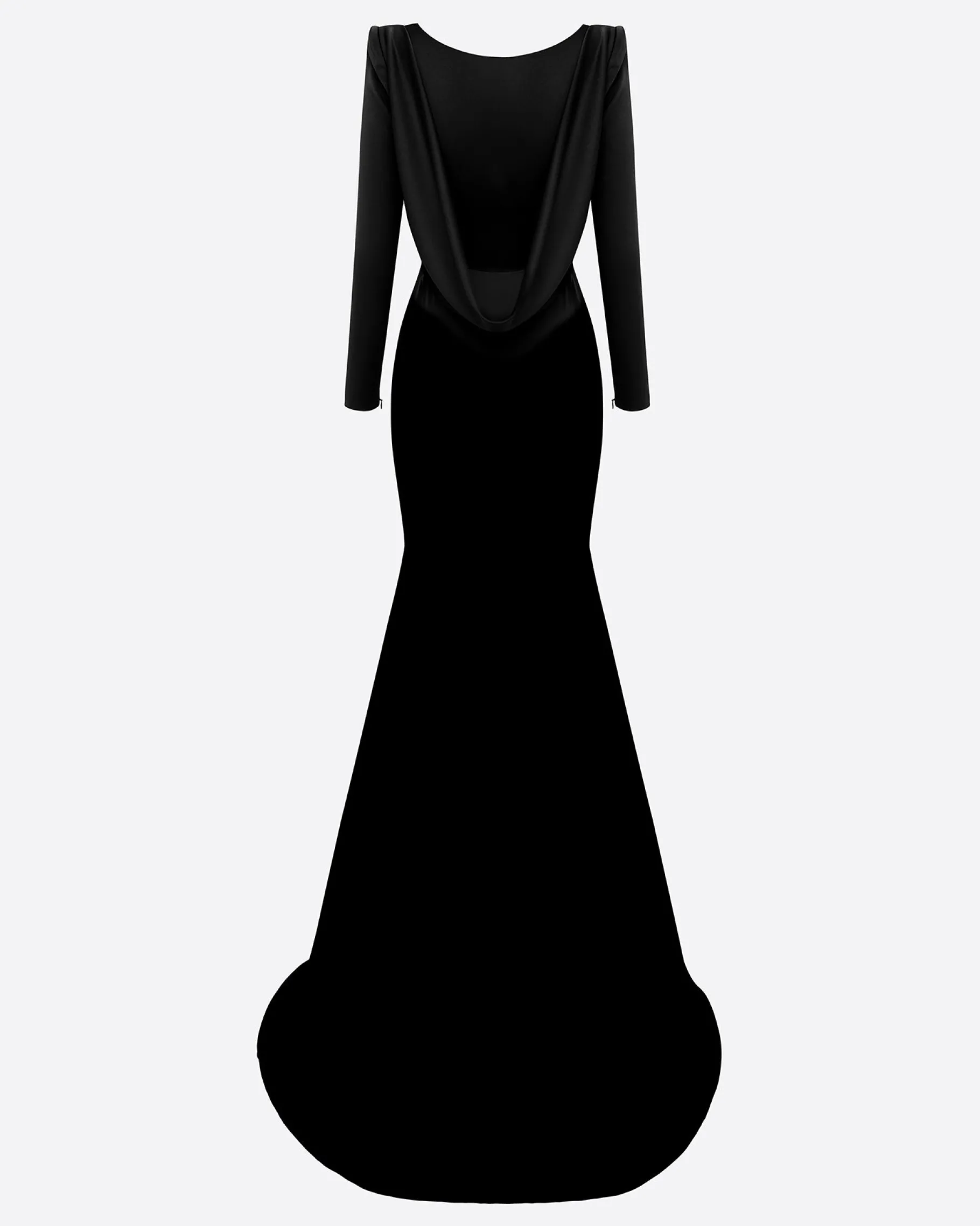 Alex Perry Long Sleeve Open Back Drape Gown in Satin Crepe