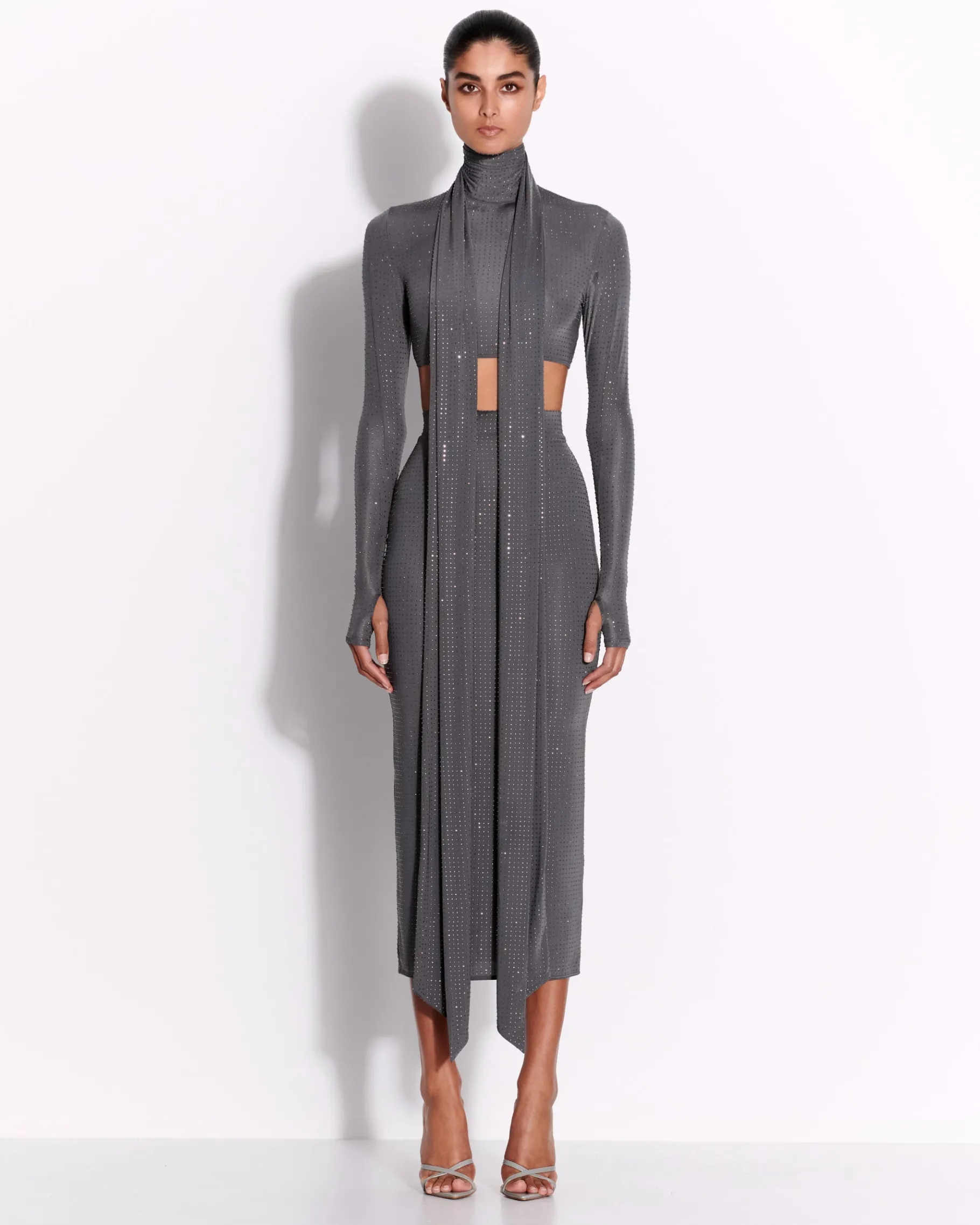 Alex Perry Long Sleeve Scarf Crop Top in Crystal Jersey