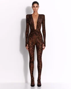 Alex Perry Long Sleeve V Catsuit in Leopard Burnout