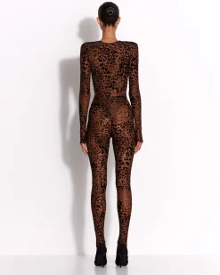 Alex Perry Long Sleeve V Catsuit in Leopard Burnout