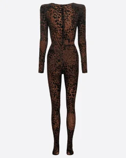 Alex Perry Long Sleeve V Catsuit in Leopard Burnout