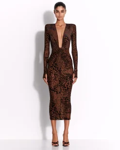 Alex Perry Long Sleeve V Dress in Leopard Burnout