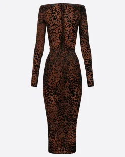 Alex Perry Long Sleeve V Dress in Leopard Burnout