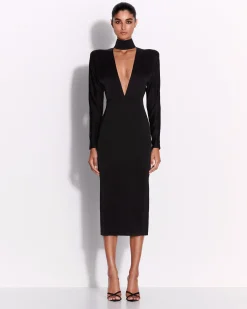 Alex Perry Long Sleeve V Neck Dress in Satin Crepe