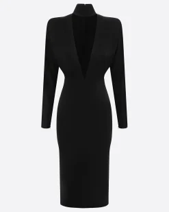 Alex Perry Long Sleeve V Neck Dress in Satin Crepe