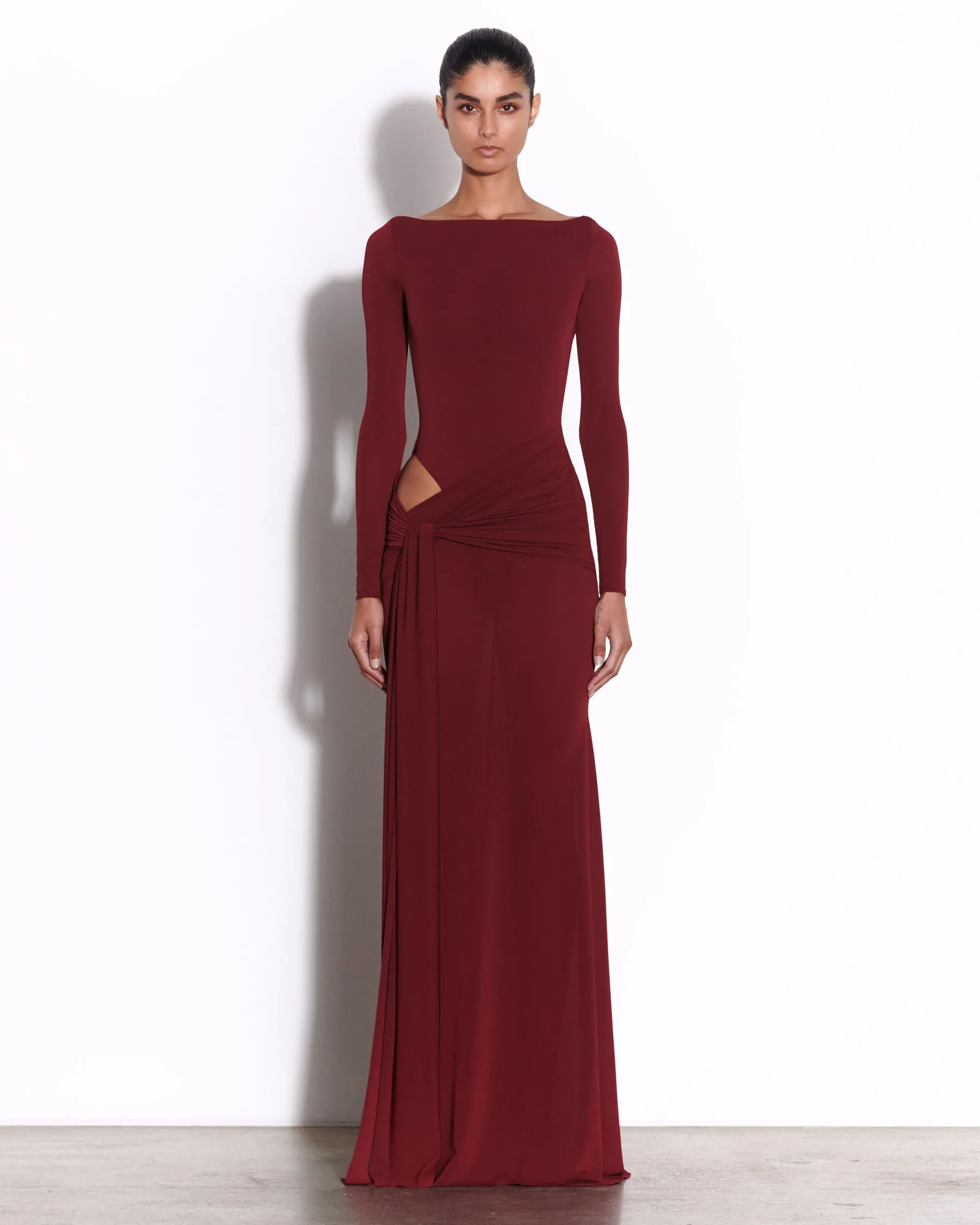Alex Perry Long Sleeve Wrap Gown in Crepe Jersey