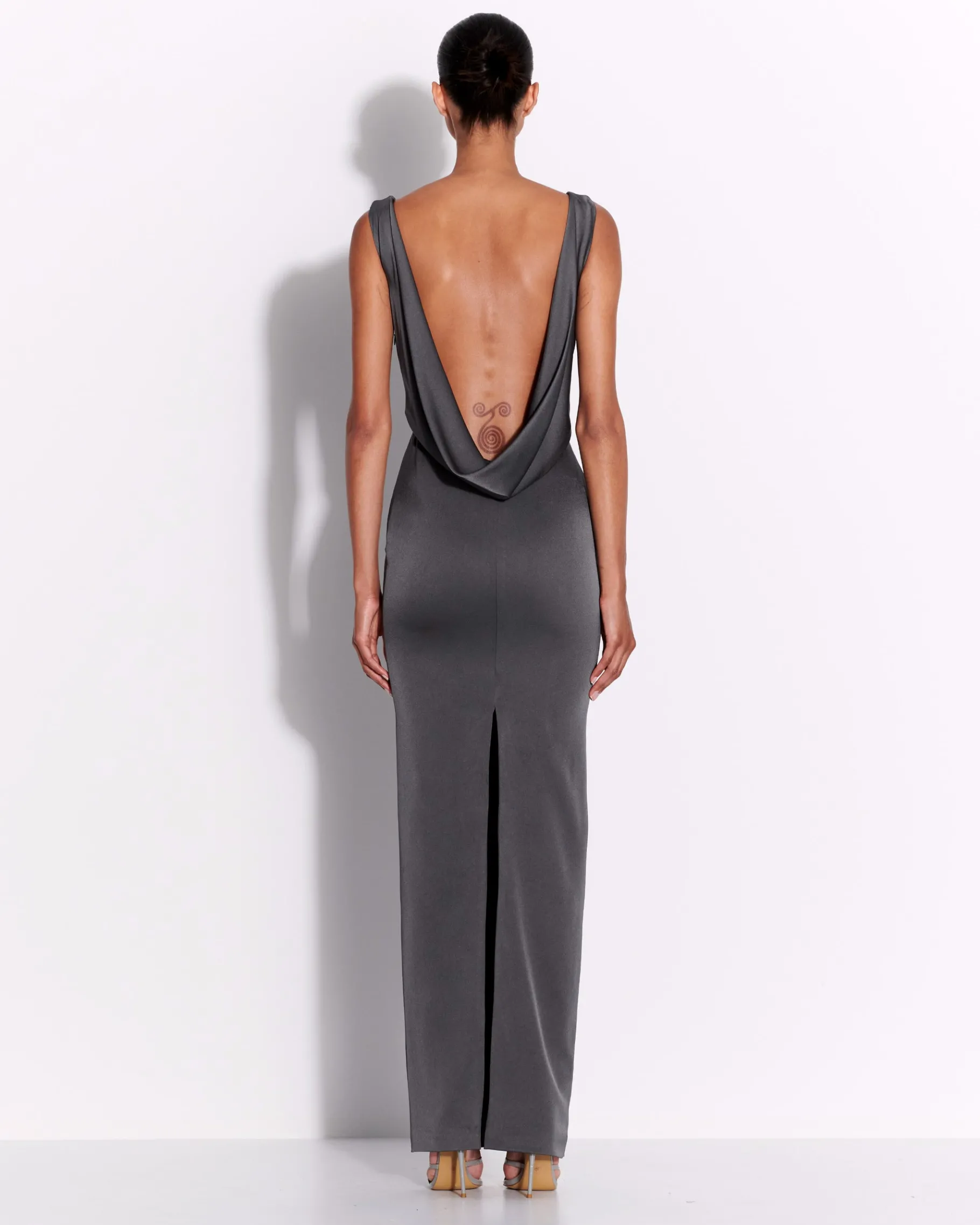 Alex Perry Open Back Drape Column in Satin Crepe