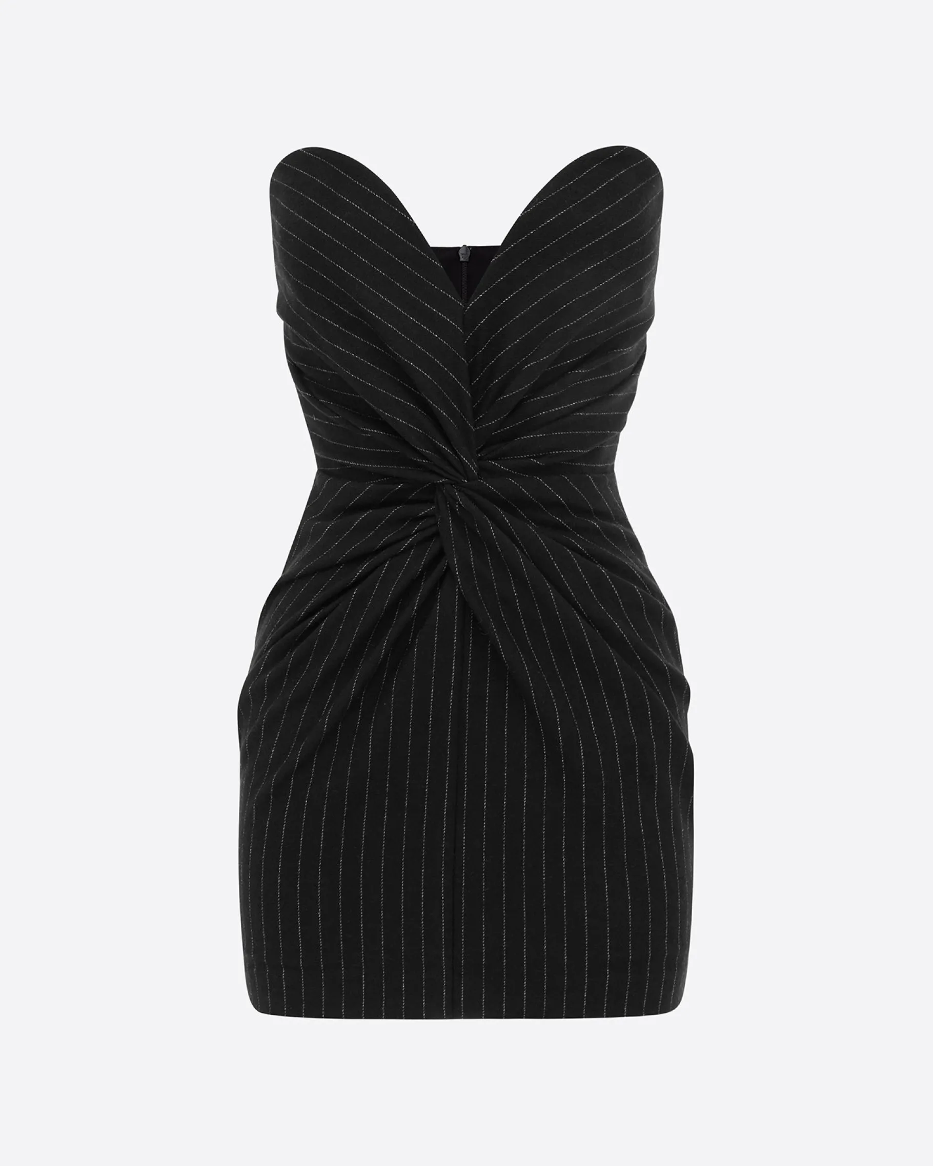 Alex Perry Strapless Sweetheart Twist Mini Dress in Wool Pinstripe