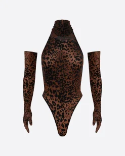 Alex Perry Turtleneck Bodysuit in Leopard Burnout