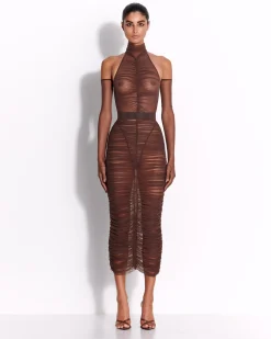 Alex Perry Turtleneck Ruched Bodysuit in Fine Mesh