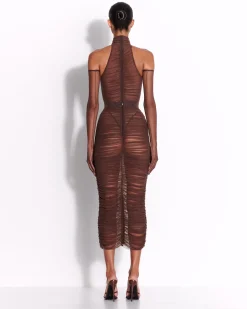 Alex Perry Turtleneck Ruched Bodysuit in Fine Mesh