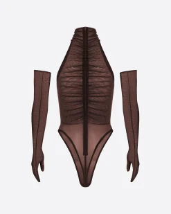 Alex Perry Turtleneck Ruched Bodysuit in Fine Mesh