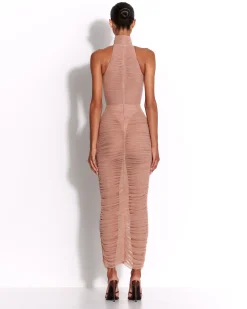 Alex Perry Turtleneck Ruched Column in Fine Mesh