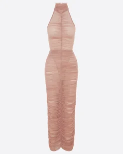 Alex Perry Turtleneck Ruched Column in Fine Mesh